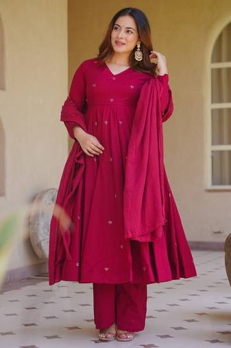 pink roman silk party wear embroidered anarkali palazzo suit set 