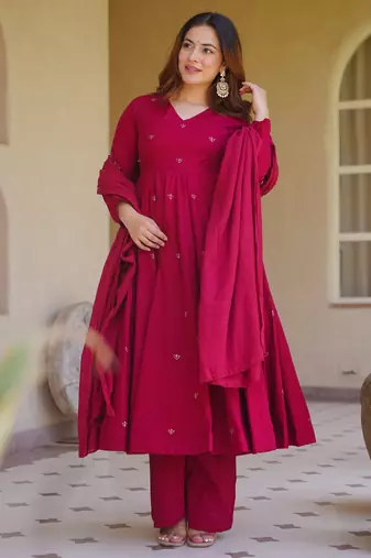 pink roman silk party wear embroidered anarkali palazzo suit set 