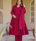 pink roman silk party wear embroidered anarkali palazzo suit set 
