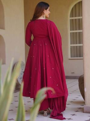 pink roman silk party wear embroidered anarkali palazzo suit set  4