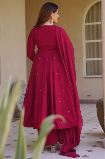 pink roman silk party wear embroidered anarkali palazzo suit set 