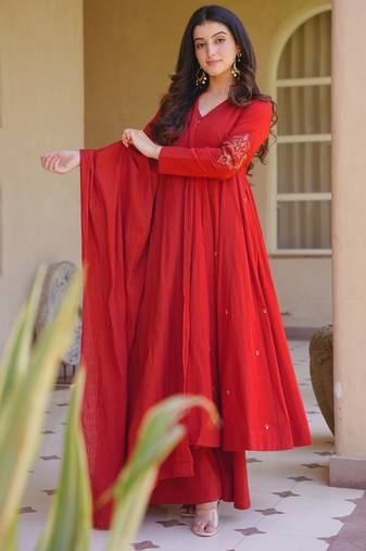 red roman silk party wear embroidered anarkali palazzo suit set 