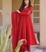 red roman silk party wear embroidered anarkali palazzo suit set 