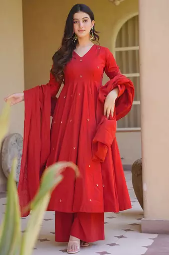 red roman silk party wear embroidered anarkali palazzo suit set 