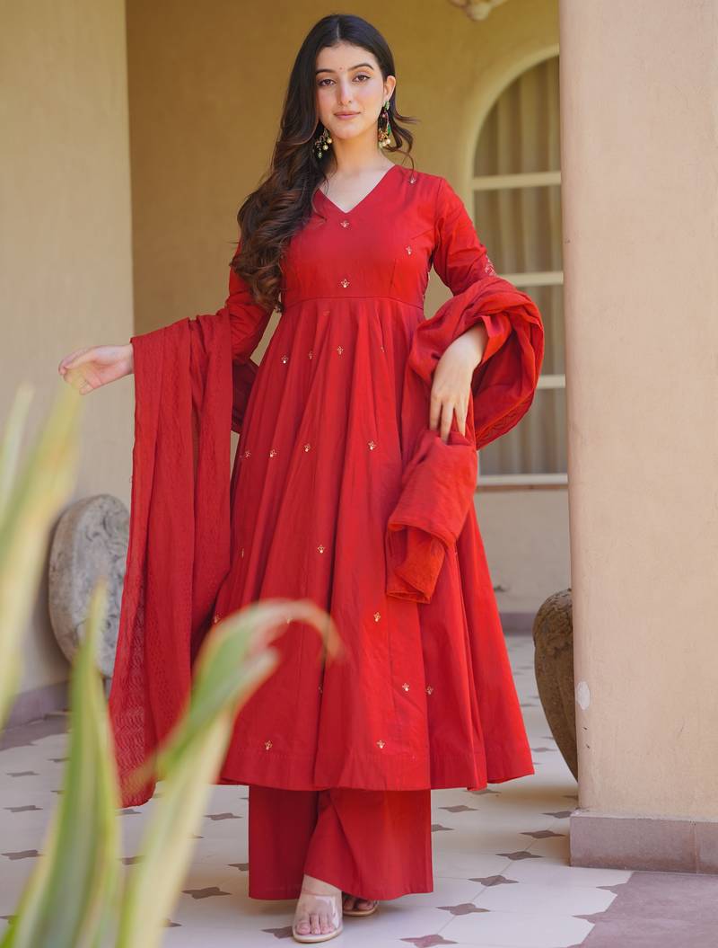 red roman silk party wear embroidered anarkali palazzo suit set 