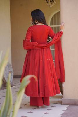 red roman silk party wear embroidered anarkali palazzo suit set  4