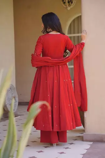 red roman silk party wear embroidered anarkali palazzo suit set 