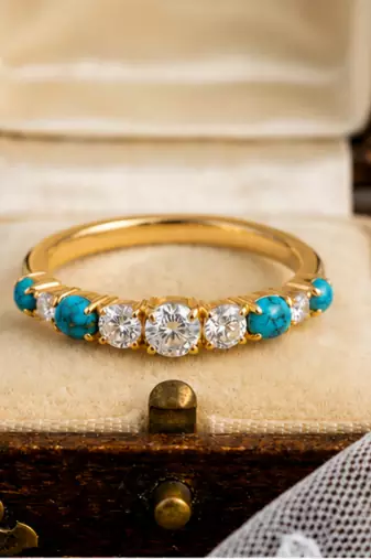 Elegant Gold Plated Turquoise & Round Stone Ring for Women
