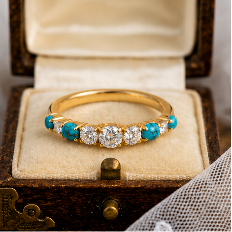 Elegant Gold Plated Turquoise & Round Stone Ring for Women
