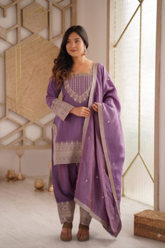 Lavender embroidered kurti set with farshi pant and dupatta