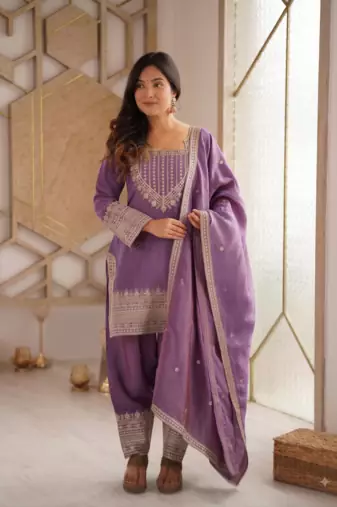 Lavender embroidered kurti set with farshi pant and dupatta
