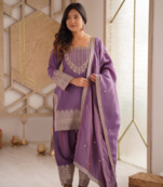 Lavender embroidered kurti set with farshi pant and dupatta