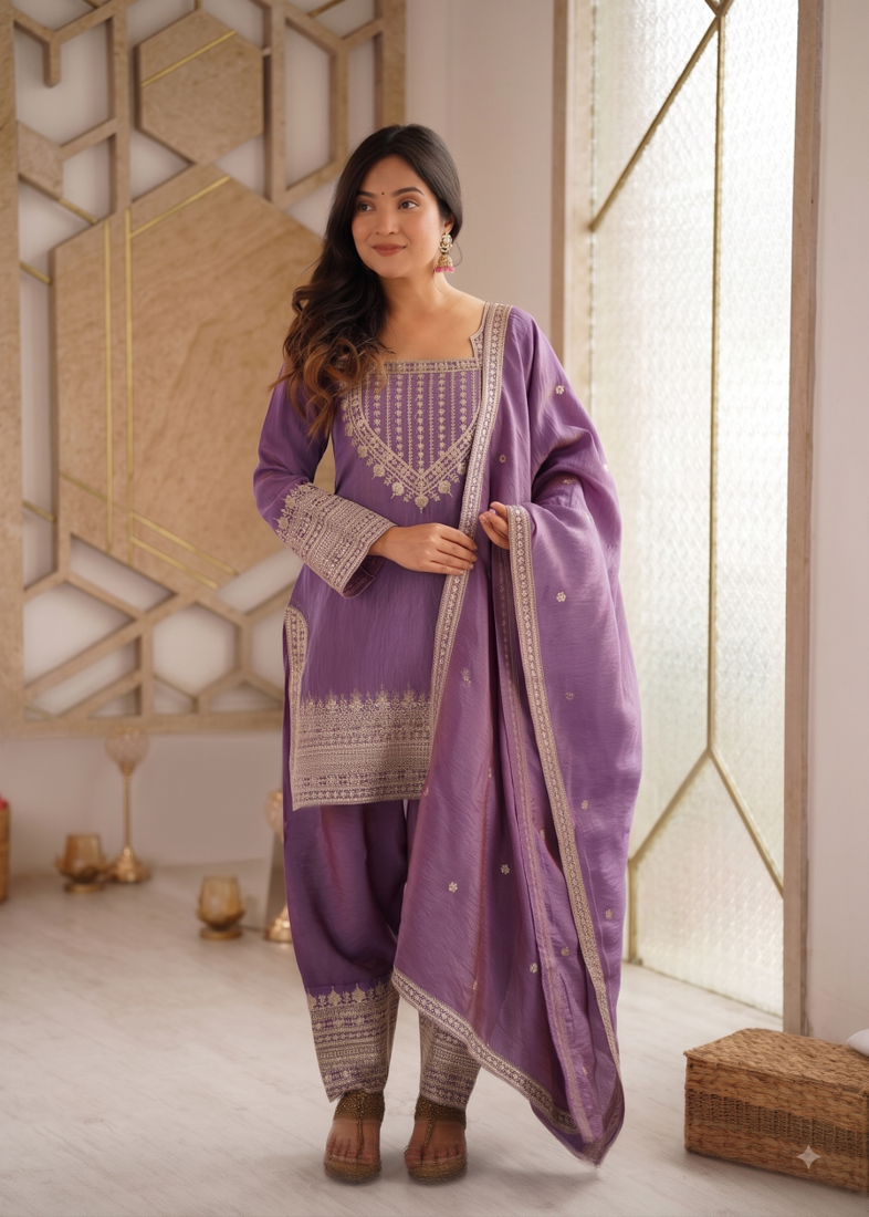 Lavender embroidered kurti set with farshi pant and dupatta