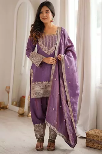 Lavender embroidered kurti set with farshi pant and dupatta