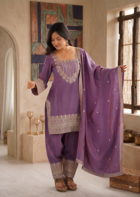 Lavender embroidered kurti set with farshi pant and dupatta 2