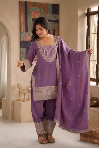 Lavender embroidered kurti set with farshi pant and dupatta