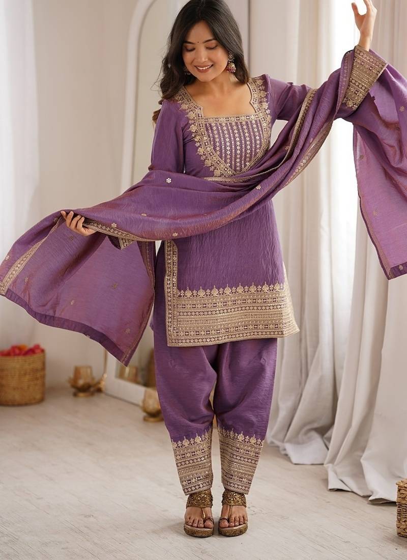Lavender embroidered kurti set with farshi pant and dupatta