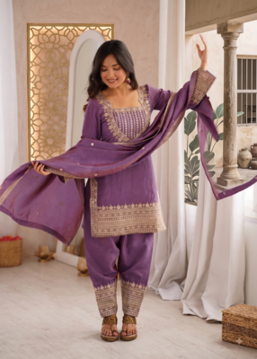 Lavender embroidered kurti set with farshi pant and dupatta 3