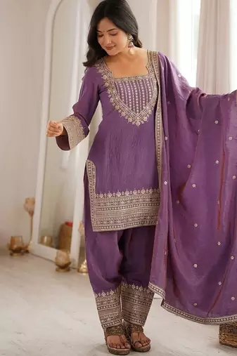Lavender embroidered kurti set with farshi pant and dupatta
