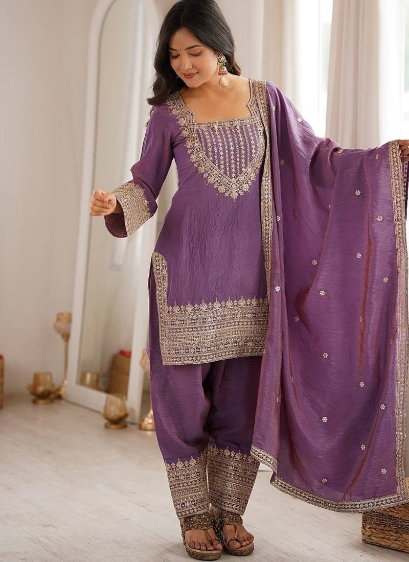 Lavender embroidered kurti set with farshi pant and dupatta