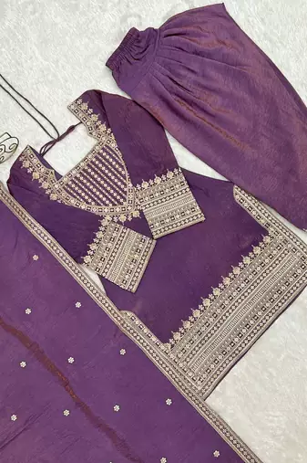 Lavender embroidered kurti set with farshi pant and dupatta