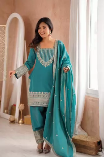 Rama green embroidered short kurti with farshi pant and dupatta set