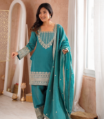 Rama green embroidered short kurti with farshi pant and dupatta set