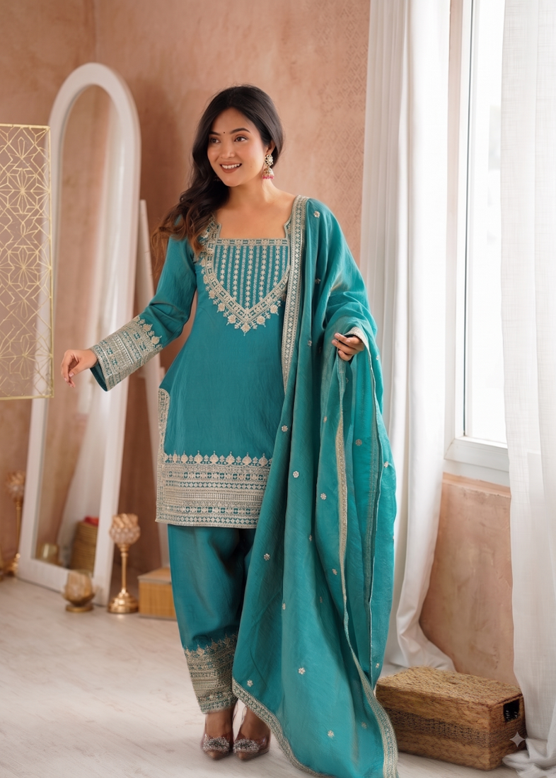 Rama green embroidered short kurti with farshi pant and dupatta set