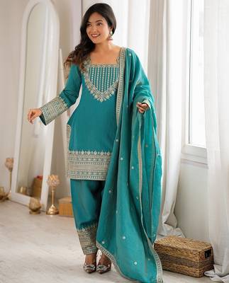 Rama green embroidered short kurti with farshi pant and dupatta set 1