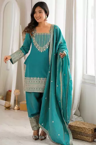 Rama green embroidered short kurti with farshi pant and dupatta set