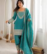 Rama green embroidered short kurti with farshi pant and dupatta set