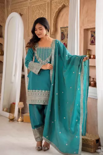 Rama green embroidered short kurti with farshi pant and dupatta set