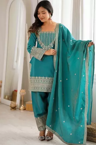 Rama green embroidered short kurti with farshi pant and dupatta set