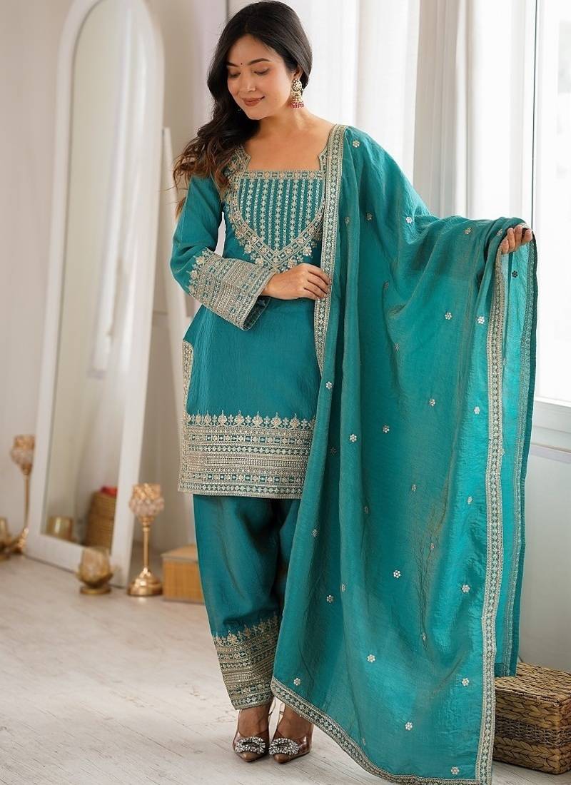 Rama green embroidered short kurti with farshi pant and dupatta set