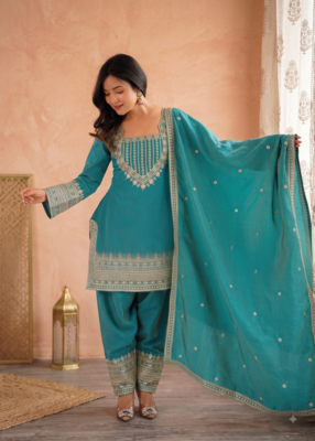 Rama green embroidered short kurti with farshi pant and dupatta set 3