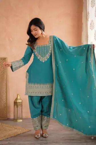 Rama green embroidered short kurti with farshi pant and dupatta set