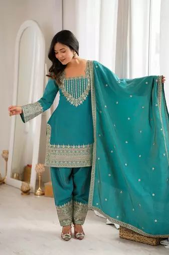 Rama green embroidered short kurti with farshi pant and dupatta set
