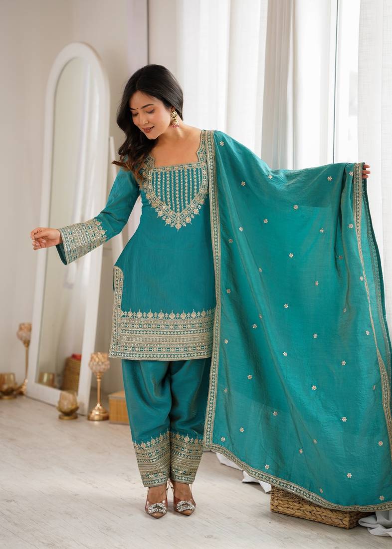 Rama green embroidered short kurti with farshi pant and dupatta set