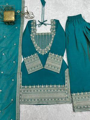 Rama green embroidered short kurti with farshi pant and dupatta set 4