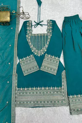 Rama green embroidered short kurti with farshi pant and dupatta set