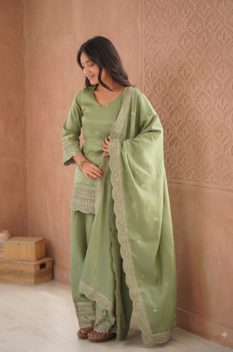 Pista green embroidered kurti with farshi pant and dupatta set
