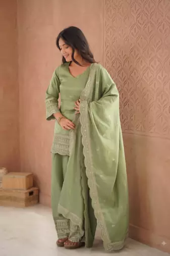 Pista green embroidered kurti with farshi pant and dupatta set