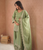 Pista green embroidered kurti with farshi pant and dupatta set