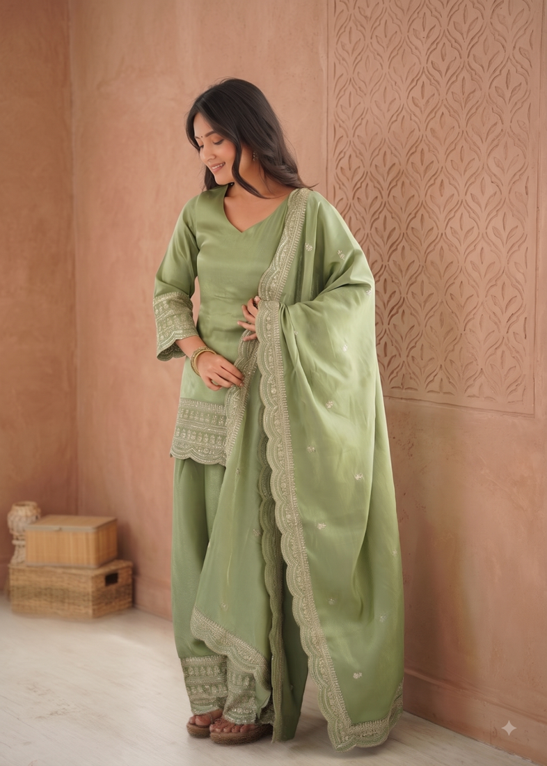 Pista green embroidered kurti with farshi pant and dupatta set