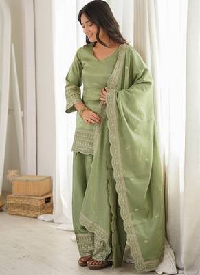 Pista green embroidered kurti with farshi pant and dupatta set 1