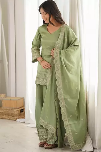 Pista green embroidered kurti with farshi pant and dupatta set