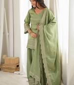 Pista green embroidered kurti with farshi pant and dupatta set