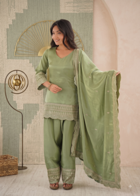 Pista green embroidered kurti with farshi pant and dupatta set 2