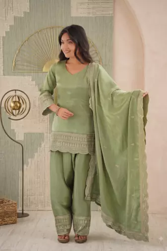Pista green embroidered kurti with farshi pant and dupatta set