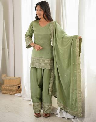 Pista green embroidered kurti with farshi pant and dupatta set 2